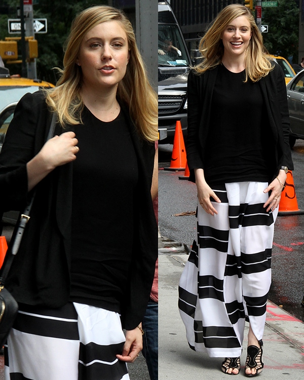 Greta Gerwig gets ready to promote Frances Ha outside the Ed Sullivan Theater for the Late Show with David Letterman