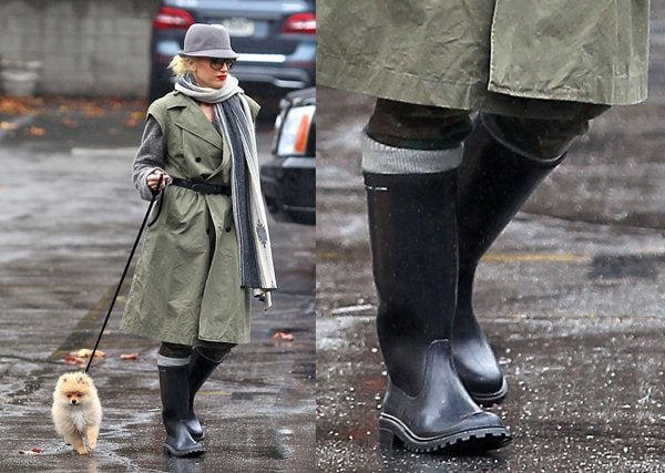 Gwen Stefani in Wellies as she takes her cute dog out for a walk on a rainy day