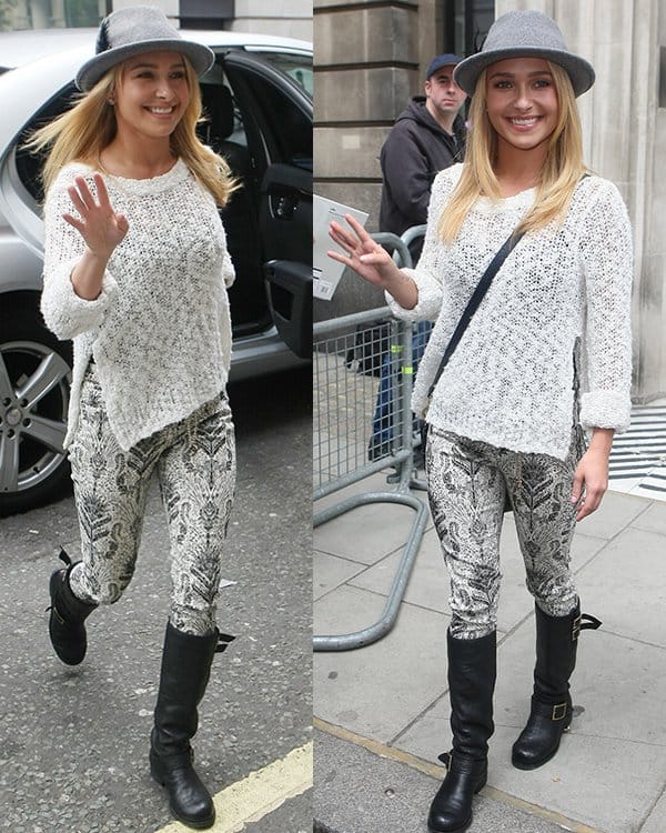 Hayden Panettiere departs from the BBC Radio 2 studios in London, showcasing a relaxed yet fashionable ensemble on June 7, 2013