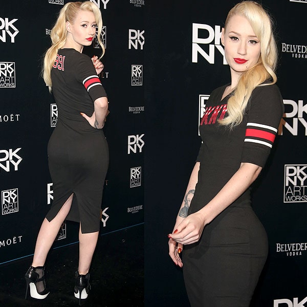 Iggy Azalea in a DKNY logo dress and DKNY "Pulse" booties