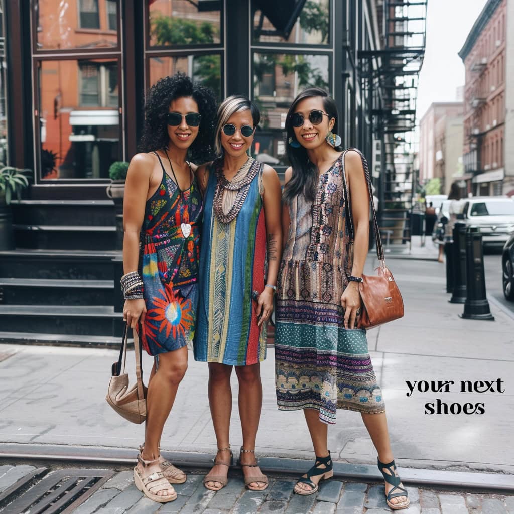 Three women showcase their summer style in vibrant ikat tank dresses paired with statement jewelry and casual sandals on a city street
