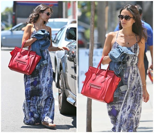 Jordana Brewster steps out in style after a visit to the Brasilian Blow Dry Bar on Sunset Boulevard, showcasing a breezy Parker Anna Dress paired with laid-back Tory Burch 'Amalie' Flats, all tied together with her signature red Celine Tote, on June 14, 2013