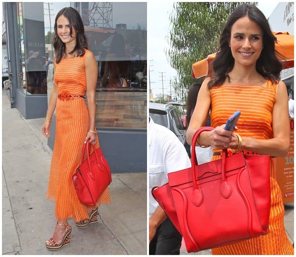 Jordana Brewster exudes summer elegance in a Carolina Herrera Spring 2013 maxi dress complemented by a vibrant Celine bag, while stepping out from a Paper Denim & Cloth exclusive event at Son of a Gun Restaurant in Los Angeles, June 11, 2013