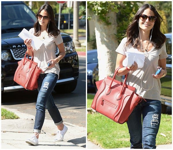 Jordana Brewster embodies casual chic en route to an acting class in Los Angeles, pairing distressed denim with a classic white tee and completing her look with the iconic Celine Luggage Tote, on June 13, 2013