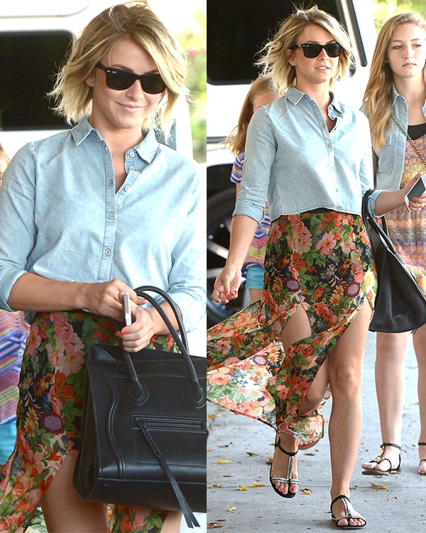 Julianne Hough was seen at the 901 Hair Salon in Los Angeles, wearing a Topshop Moto bleach crop denim shirt, a Topshop floral double split maxi skirt, Vince Camuto VC Signature Tonya sandals in black, and a Celine Boston Bag Luggage Phantom tote in black natural calfskin