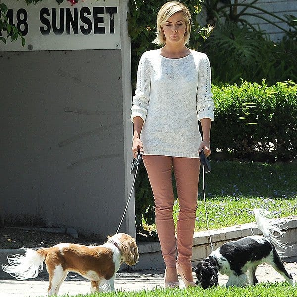 Julianne Hough stylishly walks her dogs in Beverly Hills, donning an ivory Rachel Zoe Karla sweater and Denim of Virtue Rosette 8010 jeans