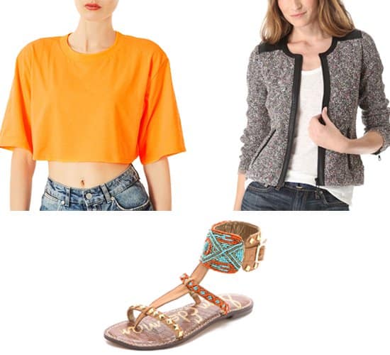 Complete your look with a Topshop Fluorescent Crop Tee ($20), Rag & Bone Lory Jacket ($495), and Sam Edelman 'Gabrianna' Ankle-Cuff Sandals ($130)