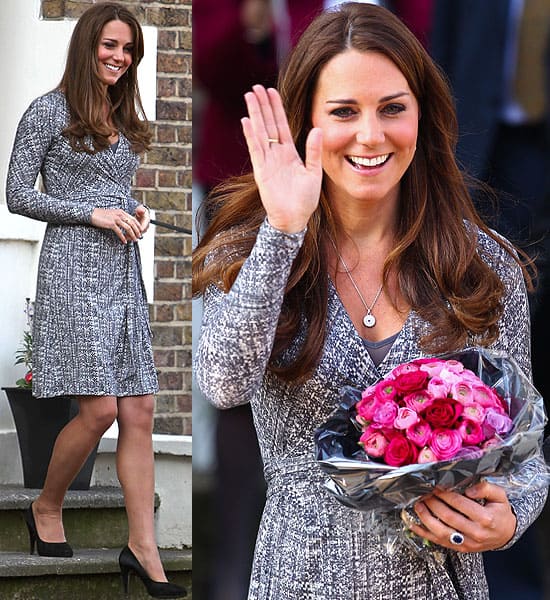 Kate Middleton wore a classic and elegant ensemble for her visit to Hope House in Clapham on February 19, 2013, consisting of a gray Max Mara dress, Annoushka pearl earrings, Episode Angel pumps, her iconic sapphire engagement ring, and an Asprey London pendant necklace