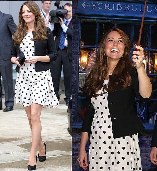 Kate Middleton wore a playful and affordable outfit for her visit to Warner Bros. Leavesden Studio, featuring a Topshop polka dot dress, a Ralph Lauren blazer, Episode pumps, and her sapphire engagement ring