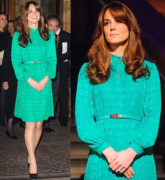 For the opening of the Natural History Museum's Treasures Gallery on November 27, 2012, Kate Middleton wore a pleated green Mulberry dress, Jimmy Choo pumps, her sapphire engagement ring, and emerald and diamond earrings