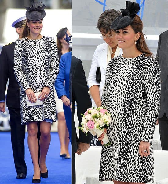 Kate Middleton chose a classic black and white patterned Hobbs Dalmatian Mac coat, a Sylvia Fletcher hat, Annoushka pearl earrings, Episode Angel pumps, and her sapphire engagement ring for the Princess Cruises ship naming ceremony