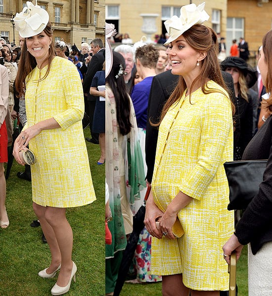 Kate Middleton wore a soft and elegant ensemble for the Queen's Garden Party, featuring an Emilia Wickstead Marella Silk Coat, Russell and Bromley pumps and clutch, a Jane Corbett hat, and her sapphire engagement ring
