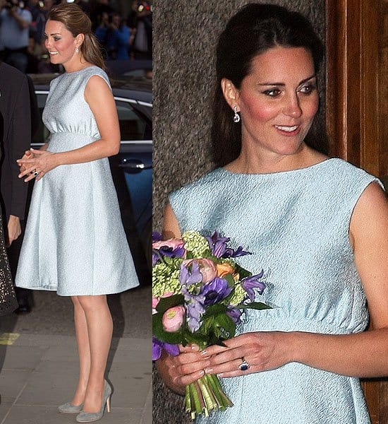 Kate Middleton chose a classic and elegant look for her visit to the National Portrait Gallery, wearing a bespoke Emilia Wickstead dress, Rupert Sanderson pumps, aquamarine and diamond earrings, and her sapphire engagement ring