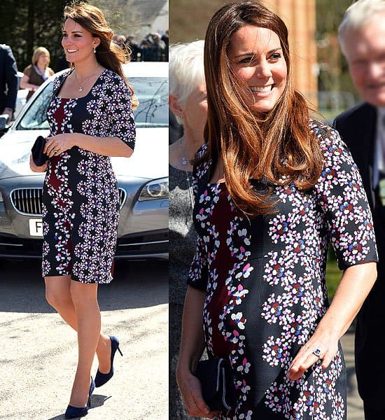 Kate Middleton wore a floral Erdem Quarter Sleeve Sophia Dress, accessorized with a Stuart Weitzman clutch and Annoushka pearl earrings for her visit to Willows Primary School