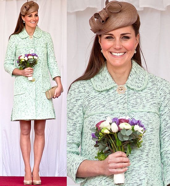 Kate Middleton opted for a springtime look at the National Review of Queen's Scouts, featuring a mint green Mulberry coat, L.K. Bennett accessories (clutch and shoes), a Whiteley Fischer hat, and her sapphire engagement ring