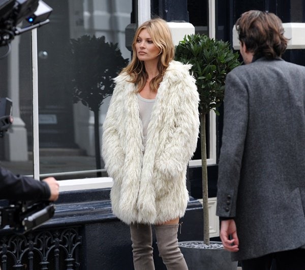 Kate Moss filming a new advertisement for luxury shoe brand Stuart Weitzman in London, England, on June 24, 2013