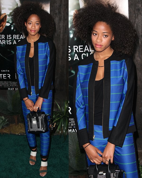 Kilo Kish showcases a bold electric blue ensemble by Opening Ceremony at the 'After Earth' premiere, Ziegfeld Theatre, New York City, May 30, 2013