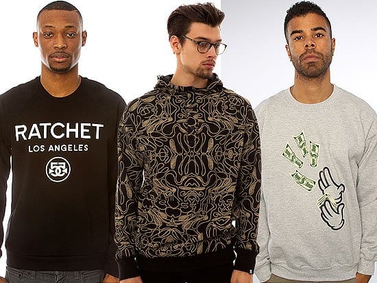 Assortment of men's sweatshirts styled as oversized dresses featuring brands like MYVL and Insight