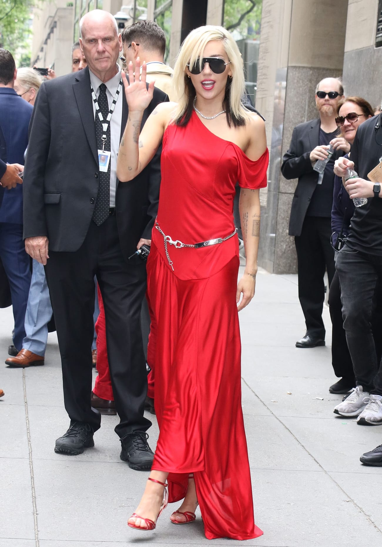 Miley Cyrus wears a red John Galliano for Dior dress 2022 NBCUniversal Upfront