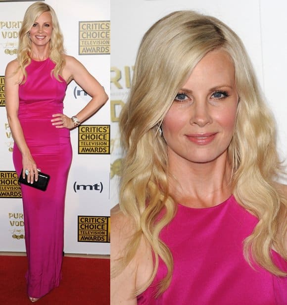Monica Potter elegantly dressed in Nicole Miller with Jimmy Choo shoes, holding a Kotur clutch and adorned with David Webb jewelry, at the 2013 Critics' Choice Television Awards in Beverly Hills, California