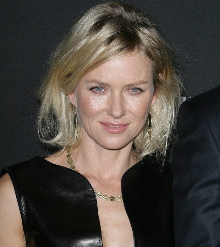 Naomi Watts in a black Alexander McQueen leather dress