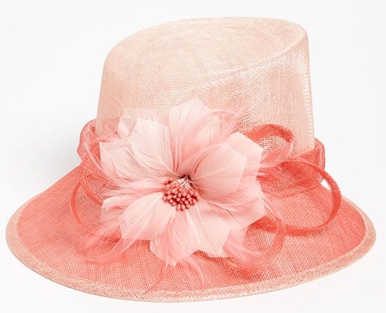 The "Asymmetrical Crown" Derby Hat: Elegance in pale rose with coral accents, priced at $58