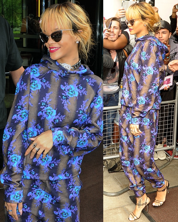 Rihanna in floral printed pajama-inspired pants and a matching top