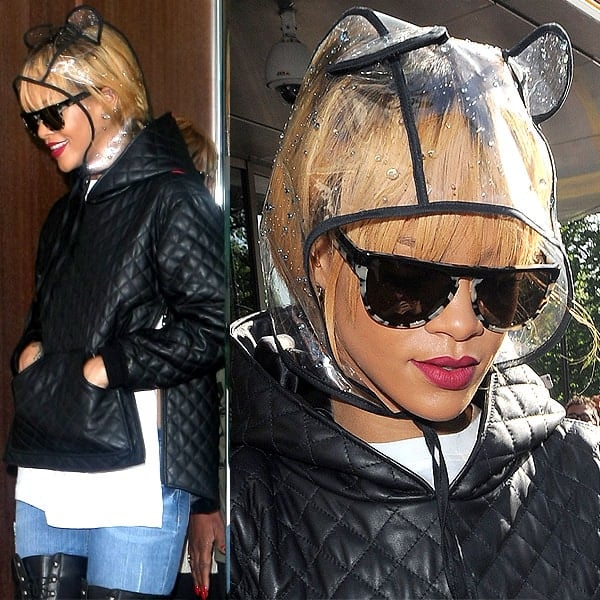 Detailed view of Rihanna's playful clear PVC hood with mouse ears, showcasing its unique design