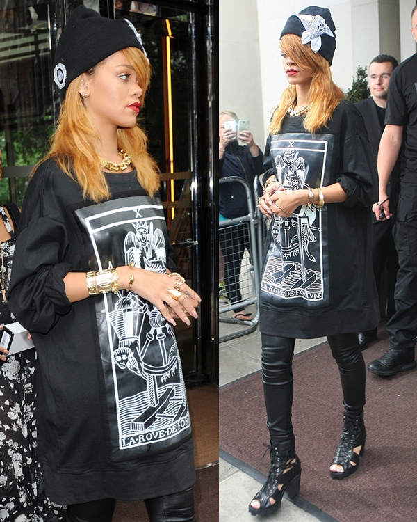 Rihanna in an oversized and printed sweatshirt dress from Kokon To Zai