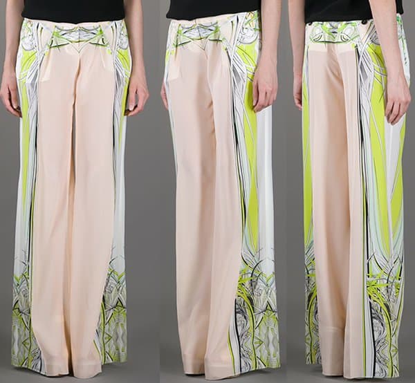 Close-up of Roberto Cavalli's luxe printed silk trousers priced at $1,385