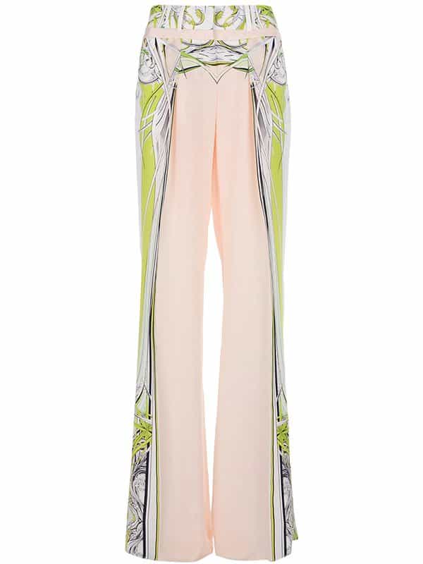 Detailed view of Roberto Cavalli's silk-printed trousers from the Spring 2013 collection