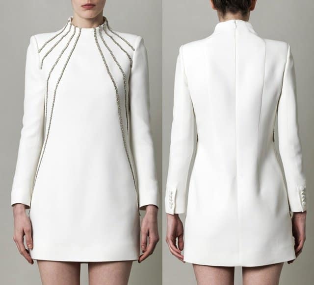Elegant Saint Laurent Chain-Embellished Cady Dress in white, detailed with unique chain accents, available for £1,630