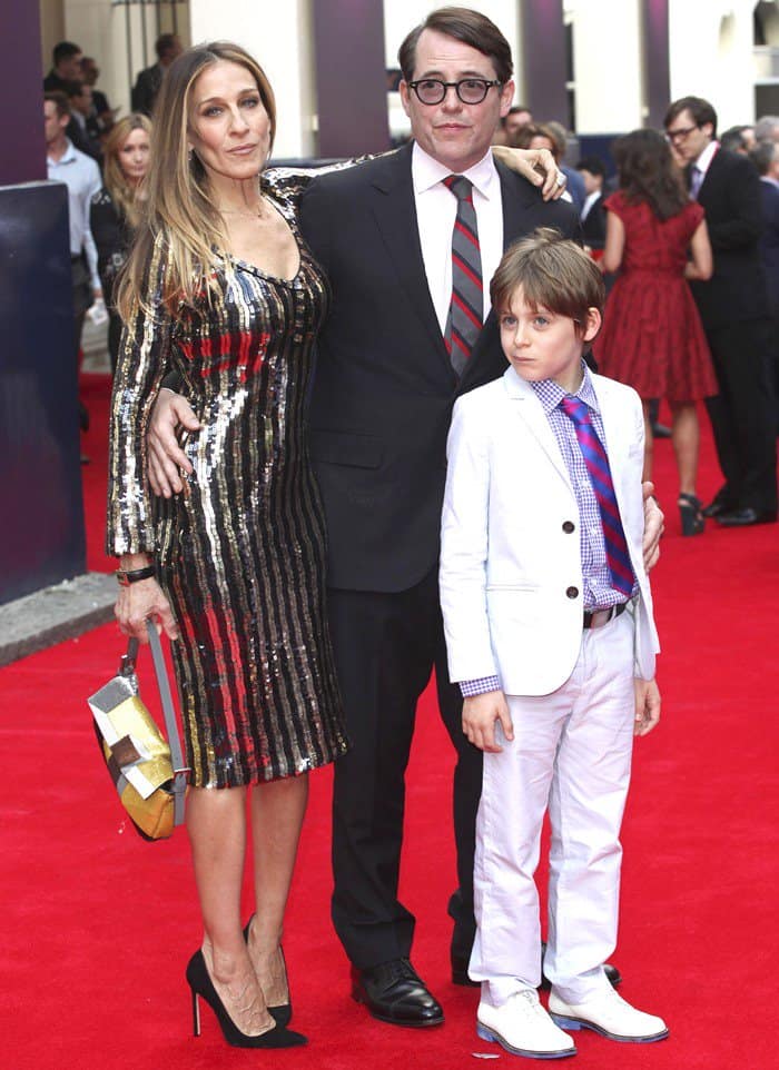 Sarah Jessica Parker, Matthew Broderick, and James Broderick at the Charlie and the Chocolate Factory Press Night at the Theatre Royal in London, England, on June 25, 2013