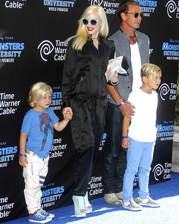 From left to right: Zuma Rossdale, Gwen Stefani, Gavin Rossdale, and Kingston Rossdale attend the 'Monsters University' premiere at the El Capitan Theatre in Hollywood, California, on June 17, 2013, dressed in coordinated blue-themed outfits that perfectly match the movie's playful vibe