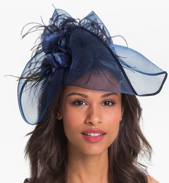 Tasha "All Dolled Up" Fascinator Headband: Navy blue with a wide mesh circumference, priced at $38