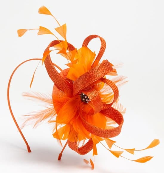 Tasha "Fresh Take" Fascinator Headband: Orange adorned with rhinestones, a head-turning accessory