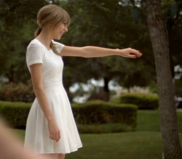 Release snapshot from Taylor Swift's 'Everything Has Changed' music video, featuring her in a striking white dress, debuted on her VEVO channel, June 6, 2013