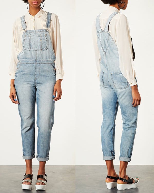 Get Rihanna's look: Topshop Moto Bleach Long-Leg Dungarees, available for $110, perfect for recreating her laid-back style