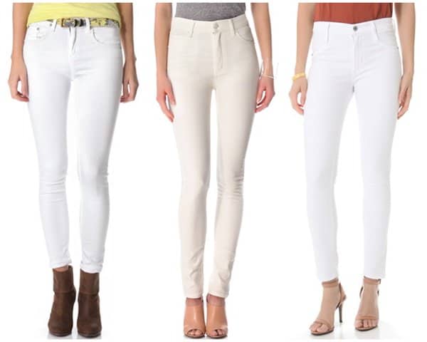 Explore top choices for white skinny jeans inspired by Kendall Jenner's look, featuring from left to right: Rag & Bone/JEAN High-Rise Skinny Jeans, Cheap Monday Second-Skin Jeans, and James Jeans Twiggy High-Class Skinny Jeans