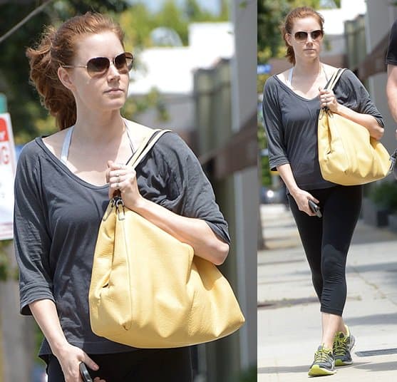 Amy Adams leaves a gym in Los Angeles on June 7, 2013, effortlessly chic in a vibrant yellow bag