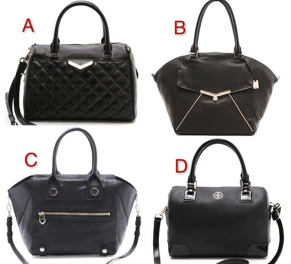 Sophisticated Black Handbags: A. Rebecca Minkoff 'Flame' Bag B. Botkier 'Valentina' Tote C. orYANY 'Megan' Convertible Tote D. Tory Burch 'Robinson' Middy Satchel