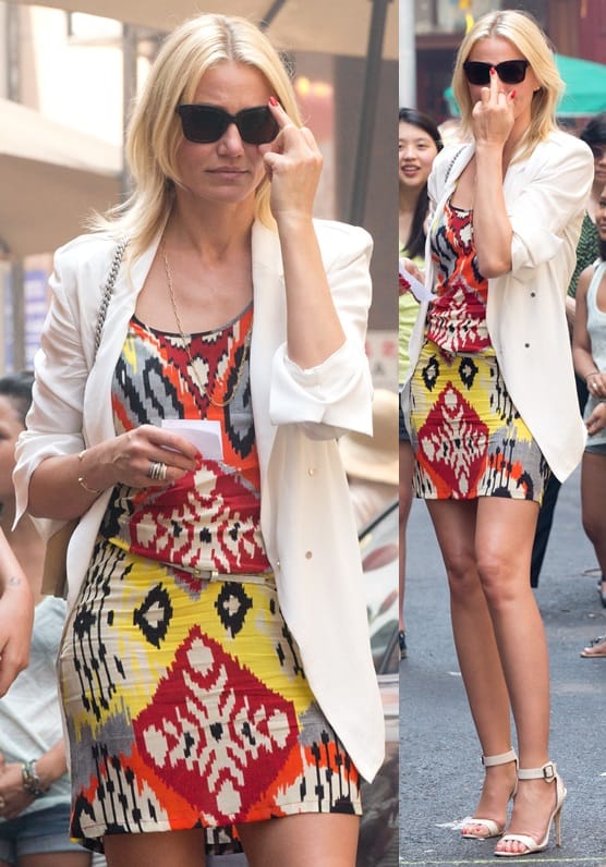 Cameron Diaz exudes style and grace in an Altuzarra Bushbuck Ikat tank dress, complemented by an Anthony Vaccarello slouchy blazer and Jennifer Fisher jewelry, while filming scenes for 'The Other Woman' in New York on June 24, 2013