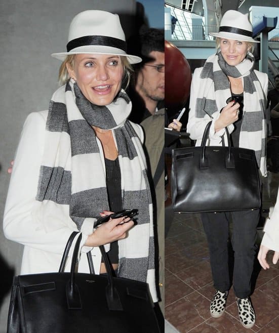 On May 25, 2013, in Monte Carlo, Monaco, Cameron Diaz showcased a relaxed yet stylish look featuring Celine Spring 2013 leopard espadrilles paired with a Saint Laurent Sac De Jour carry-all bag