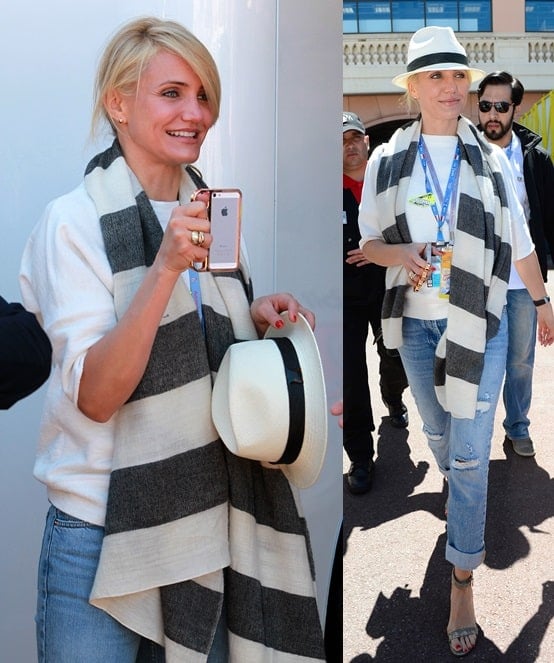 Cameron Diaz sported a chic ensemble featuring a Derek Lam short-sleeve sweatshirt paired with Givenchy Tejus zipper trim sandals while attending the F1 rally in Monaco