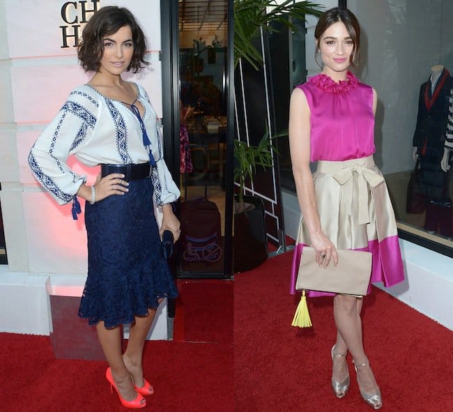 Camilla Belle sports a navy blue lace skirt and a white embroidered peasant blouse with neon orange pumps, while Crystal Reed pairs a ruffled magenta blouse with a beige bow-tied skirt and metallic heels