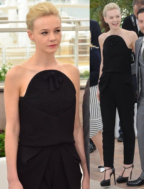 Carey Mulligan in a black Balenciaga by Alexander Wang Fall 2013 jumpsuit at The Great Gatsby screening