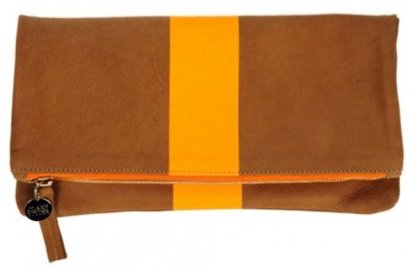 Clare Vivier's fold-over clutch with a striking neon orange stripe, priced at $180
