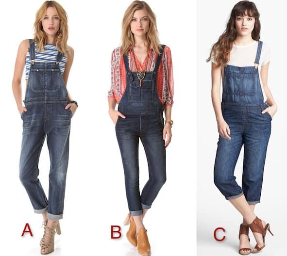 Featured Denim Overalls: A) Citizens of Humanity 'Quincy' in Drama, $297; B) Free People Washed Cord in Brady Wash, $148; C) J Brand Crop in Rivington, $345