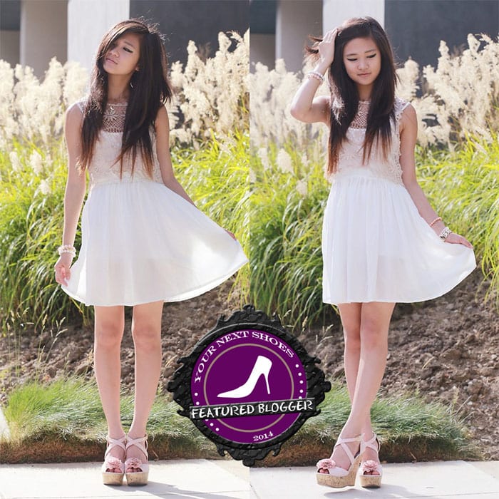 Elaine in a little white dress and dusty pink Charlotte Russe wedges