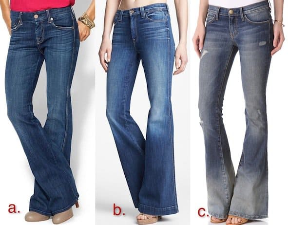 A. 7 for All Mankind 'Lexie' Petite Jeans, B. 'Clean Biancha' Flare-Leg Jeans, and C. Current/Elliott 'The Low Bell' Flare Jeans - perfect picks for your bohemian wardrobe upgrade